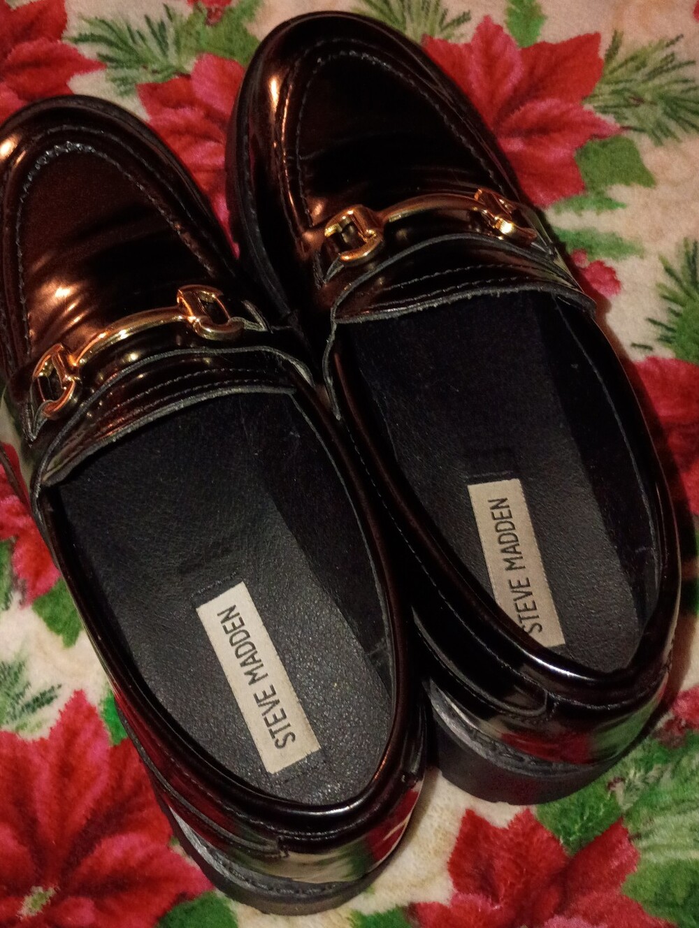 Steve Madden Black Patent Loafers with Gold Bit Trim